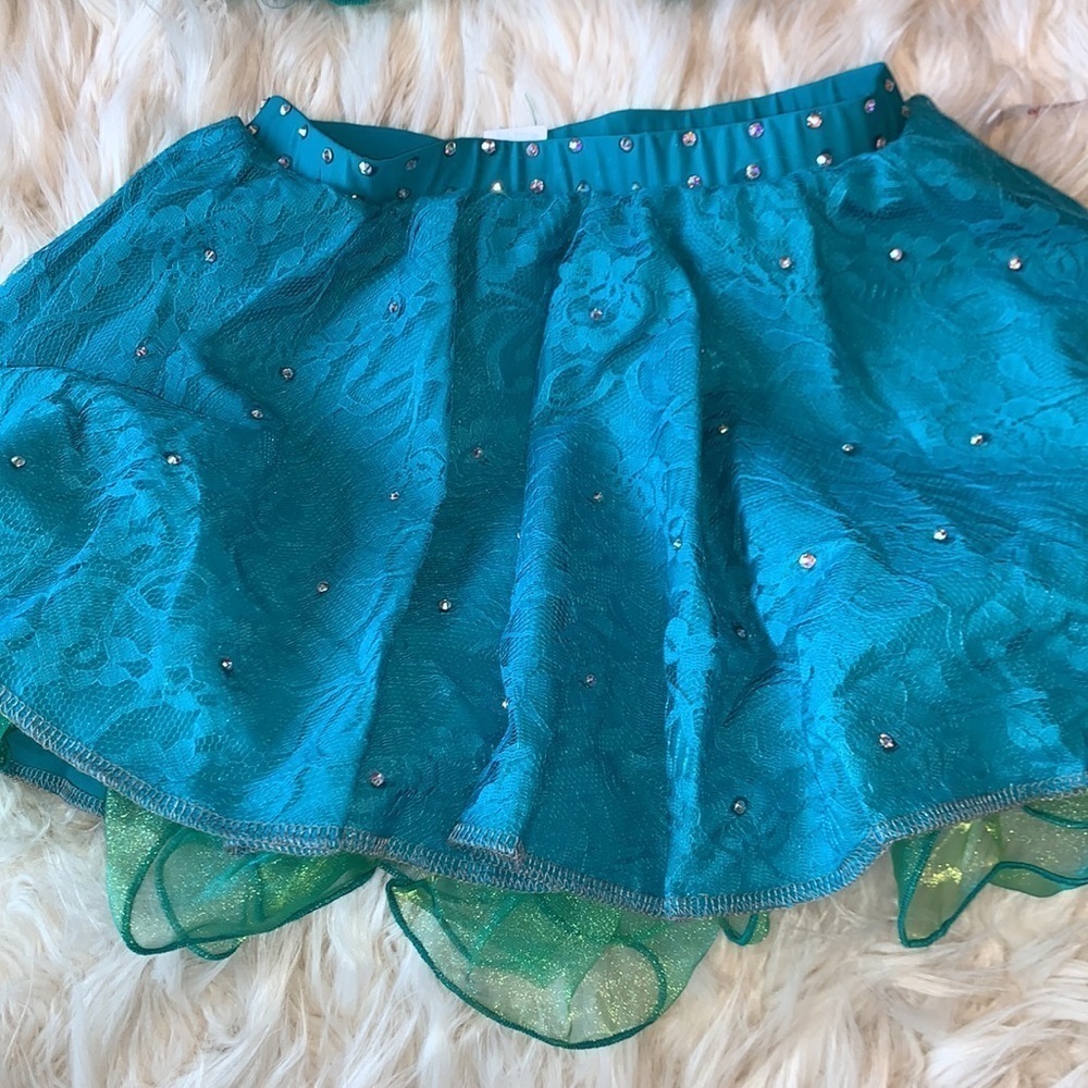 Turquoise two piece dance costume adorned with Swarovski Crystals - Picture 6 of 9